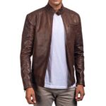 Vintage Leather Jacket Brown Shirt Collar - Image 4