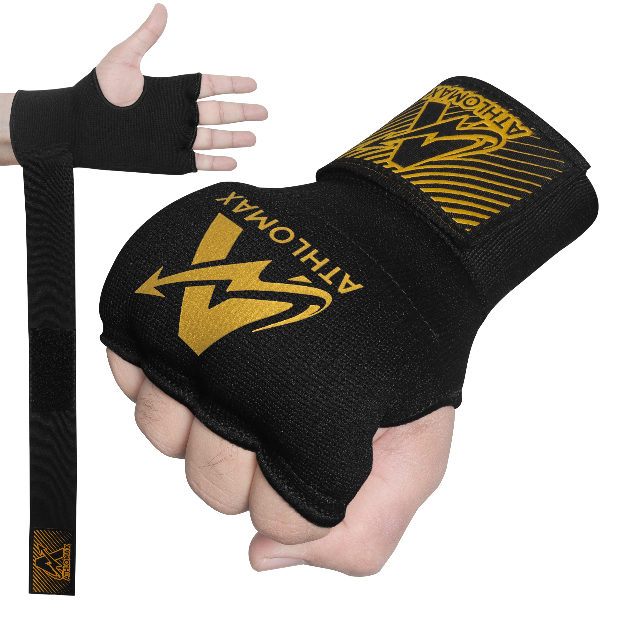 02 Athlomax Gel Padded Inner Gloves Black– Hook & Loop Wrist Strap - Image 1